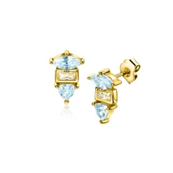 9,5mm ZINZI gold plated zilveren oorstekers met drie verschillende vormen van zettingen, bezet met champagne en blauwe kleurstenen ZIO2630BC