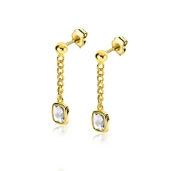 25mm ZINZI gold plated zilveren oorstekers met gourmet kettinkje en vierkante zetting bezet met witte zirconia ZIO2417Y