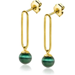 35mm ZINZI gold plated zilveren oorstekers met lange paperclip schakel en groene cateyes in bolvorm ZIO2420