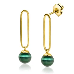 35mm ZINZI gold plated zilveren oorstekers met lange paperclip schakel en groene cateyes in bolvorm ZIO2420