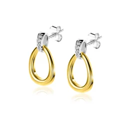 19mm ZINZI gold plated zilveren bicolor oorstekers druppelvorm glad met witte zirconia's ZIO1709Y