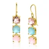 43mm ZINZI gold plated zilveren oorhangers met drie trendy vierkante kleurstenen in roze en turquoise ZIO2454