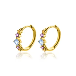 15mm ZINZI gold plated zilveren oorringen met blauw, paars en champagne kleurstenen in ruitvorm, met luxe klap-sluiting 15x2mm ZIO2443