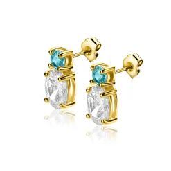 12mm ZINZI gold plated zilveren oorstekers, bezet met een kleine ronde blauwe kleursteen en ovale witte zirconia ZIO2438