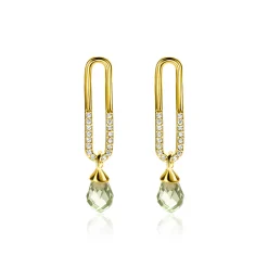 30mm ZINZI gold plated zilveren oorstekers met trendy open ovale vorm en peervormige hanger groen peridot ZIO2430