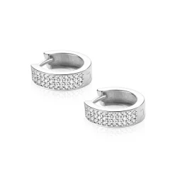 13mm ZINZI zilveren brede oorringen bezet met drie rijen schitterende witte zirkonia’s, luxe klapsluiting ZIO2862