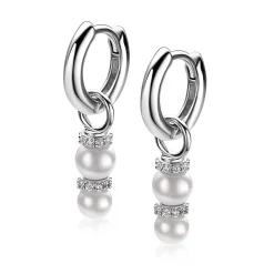 16mm ZINZI zilveren oorbedels met twee witte parels onder elkaar waarbij de top is bezet met witte zirconia's ZICH2864 (zonder oorringen)