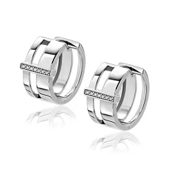 17mm ZINZI zilveren oorringen met 2 banen en verbonden staafje met witte zirkonia’s, luxe scharniersluiting ZIO2728