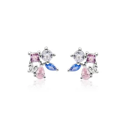 8mm ZINZI zilveren oorstekers bezet met een speelse combinatie van witte, roze, paarse en blauwe kleurstenen in verschillende slijpvormen ZIO2866