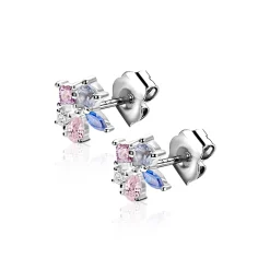 8mm ZINZI zilveren oorstekers bezet met een speelse combinatie van witte, roze, paarse en blauwe kleurstenen in verschillende slijpvormen ZIO2866