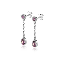 25mm ZINZI zilveren oorstekers met schakelkettinkje en druppelvormige paarse kleursteen en witte zirconia's ZIO2561
