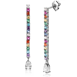 42mm ZINZI zilveren oorstekers in staafvorm bezet met regenboog kleurstenen en witte peervormige zirconia ZIO2486