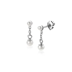 15mm ZINZI zilveren parel oorstekers met schakelkettinkje en ronde witte glasparel van 4mm ZIO2623