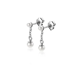 15mm ZINZI zilveren parel oorstekers met schakelkettinkje en ronde witte glasparel van 4mm ZIO2623