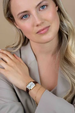 ZINZI Allure horloge 30mm achthoekige goudkleurige kast, zilvergekleurde wijzerplaat en bruine leren band, Japans uurwerk ZIW2533B