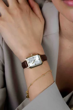 ZINZI Allure horloge 30mm achthoekige goudkleurige kast, zilvergekleurde wijzerplaat en bruine leren band, Japans uurwerk ZIW2533B
