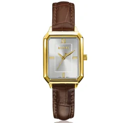 ZINZI Allure horloge 30mm achthoekige goudkleurige kast, zilvergekleurde wijzerplaat en bruine leren band, Japans uurwerk ZIW2533B