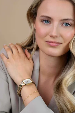ZINZI Allure horloge 30mm achthoekige goudkleurige kast, zilvergekleurde wijzerplaat en goudkleurige stalen band, Japans uurwerk ZIW2533GB