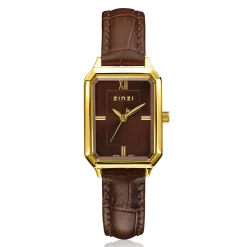 ZINZI Allure horloge 30mm achthoekige kast, bruine wijzerplaat, geelgoudkleurige kast en leren band, Japans uurwerk ZIW2536B