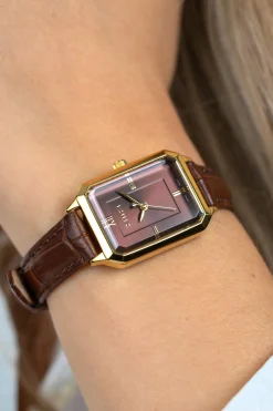ZINZI Allure horloge 30mm achthoekige kast, bruine wijzerplaat, geelgoudkleurige kast en leren band, Japans uurwerk ZIW2536B