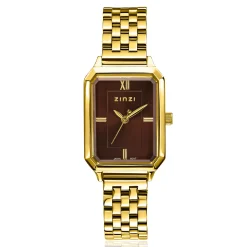 ZINZI Allure horloge 30mm achthoekige kast, bruine wijzerplaat, geelgoudkleurige stalen kast en band, Japans uurwerk ZIW2536