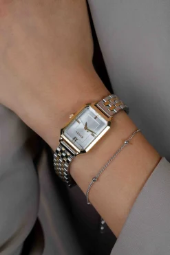 ZINZI Allure horloge 30mm achthoekige goudkleurige kast, zilvergekleurde wijzerplaat en bicolor stalen band, Japans uurwerk ZIW2533