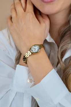 ZINZI Belle Ovale 26mm geelgoudkleurig horloge zilverkleurige wijzerplaat en stalen schakelband, Japans uurwerk ZIW2933