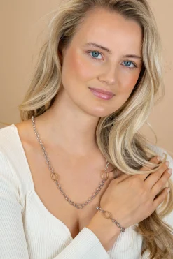 ZINZI bicolor zilveren schakelketting 70cm met drie ovale goldplated schakels ZIC2785
