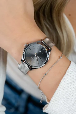 ZINZI Classy horloge 34mm grijze wijzerplaat stalen kast en meshband, datum ZIW1024M