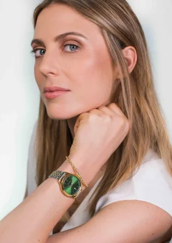 ZINZI Classy horloge 34mm groene wijzerplaat goudkleurige stalen kast en bicolor band, datum ziw1035