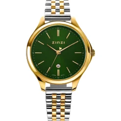 ZINZI Classy horloge 34mm groene wijzerplaat goudkleurige stalen kast en bicolor band, datum ziw1035