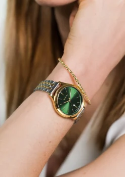 ZINZI Classy horloge 34mm groene wijzerplaat goudkleurige stalen kast en bicolor band, datum ziw1035