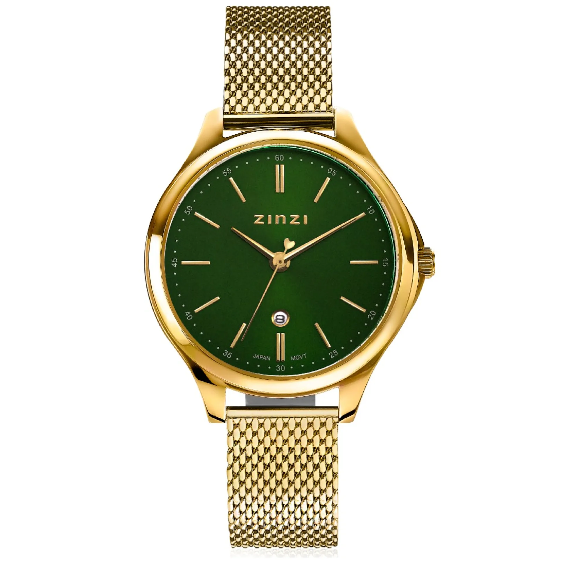 ZINZI Classy horloge 34mm groene wijzerplaat goudkleurige stalen kast en meshband, datum ZIW1035M