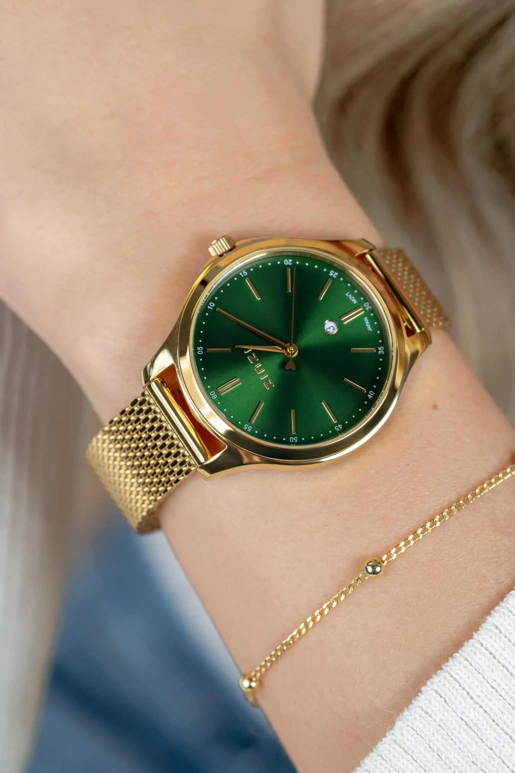 ZINZI Classy horloge 34mm groene wijzerplaat goudkleurige stalen kast en meshband, datum ZIW1035M