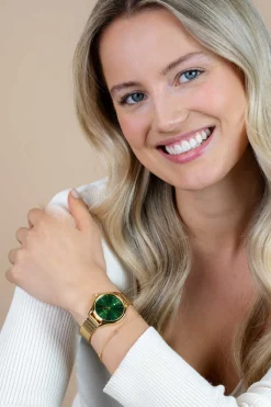 ZINZI Classy horloge 34mm groene wijzerplaat goudkleurige stalen kast en meshband, datum ZIW1035M