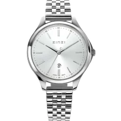 ZINZI Classy horloge 34mm zilverkleurige wijzerplaat stalen kast en band datum ziw1002
