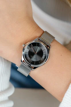 ZINZI Classy Mini horloge 30mm grijze wijzerplaat stalen kast en meshband ZIW1224M