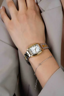 ZINZI Contour bicolor horloge zilveren sunray wijzerplaat en vintage kast stalen bicolor schakelband 26mm extra dun ZIW3033