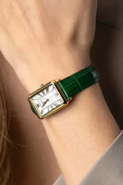 ZINZI Elegance bicolor horloge witte wijzerplaat en rechthoekige goudkleurige  kast en groene leren band 28mm extra dun ZIW1907G