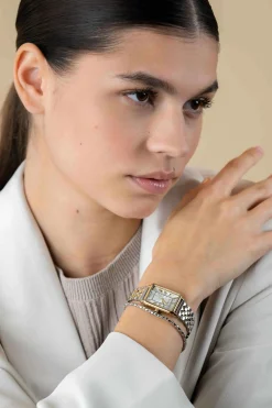 ZINZI Elegance bicolor horloge witte wijzerplaat en rechthoekige goudkleurige  kast en bicolor stalen schakelband 28mm extra dun ZIW1907