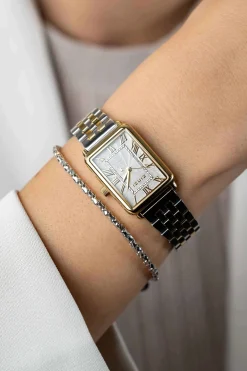 ZINZI Elegance bicolor horloge witte wijzerplaat en rechthoekige goudkleurige  kast en bicolor stalen schakelband 28mm extra dun ZIW1907
