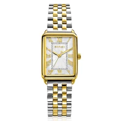 ZINZI Elegance bicolor horloge witte wijzerplaat en rechthoekige goudkleurige  kast en bicolor stalen schakelband 28mm extra dun ZIW1907