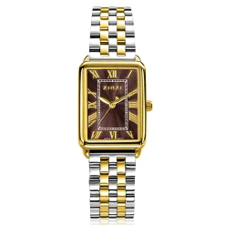 ZINZI Elegance horloge 28mm bruine wijzerplaat en rechthoekige kast stalen bicolor schakelband Japans uurwerk ZIW1936