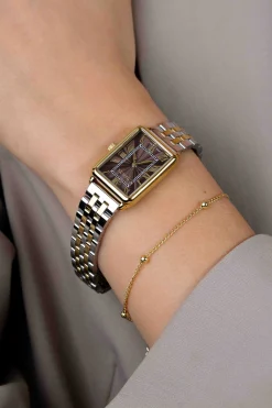 ZINZI Elegance horloge 28mm bruine wijzerplaat en rechthoekige kast stalen bicolor schakelband Japans uurwerk ZIW1936