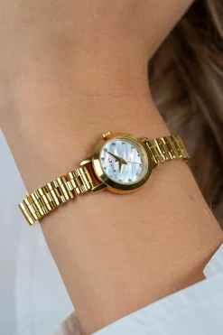 ZINZI Etoile Nuit horloge 20mm parelmoer wijzerplaat, witte zirkonia's als uur-aanduiding, goudkleurige stalen kast en schakelband, Japans uurwerk ZIW3134