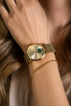 ZINZI Glam horloge groene wijzerplaat stalen kast geelgoudkleurig stalen mesh band geelgoudkleurig 34mm extra dun ZIW535M