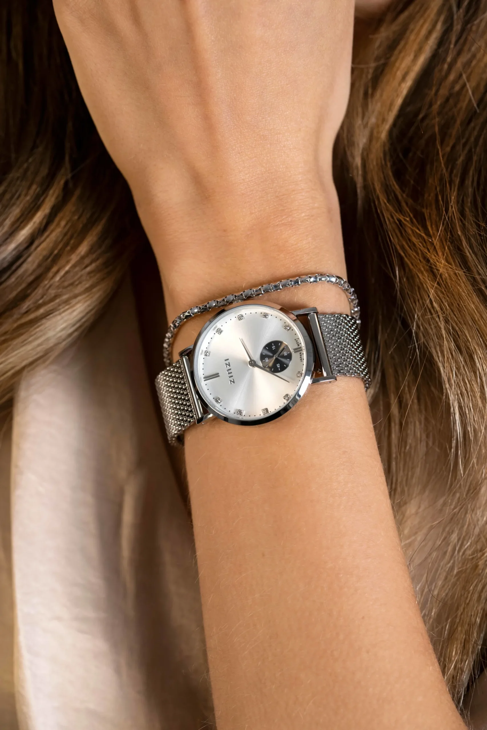 ZINZI Glam horloge zilverkleurige wijzerplaat stalen kast stalen mesh band grijze chrono 34mm extra dun ZIW539M