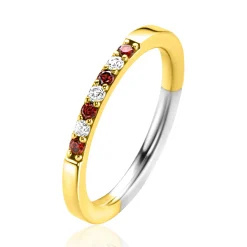 ZINZI gold plated zilveren aanschuifring 2mm breed in chatonzettingen bezet met rood granaat kleurstenen en witte zirconia's ZIR2558