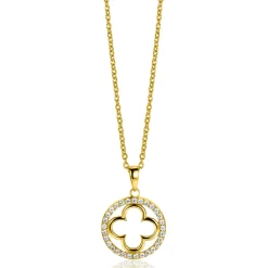 ZINZI gold plated zilveren anker ketting met luxe klaver hanger (15mm) rondom bezet met witte zirconia's 45-48cm ZIC2617Y