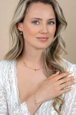 ZINZI gold plated zilveren armband met ronde kleurstenen in zachte groen- en champagnetinten, afgewisseld met vierkante plaatjes ZIA2907